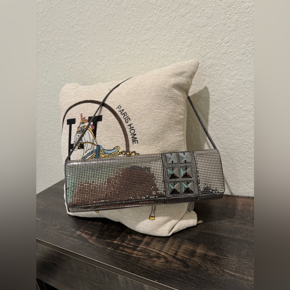 WHITING AND DAVIS SILVER AND PEWTER STUDDED EVENING BAG NWOT